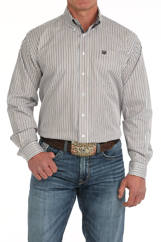 Men's White Striped Button-Down Western Shirt