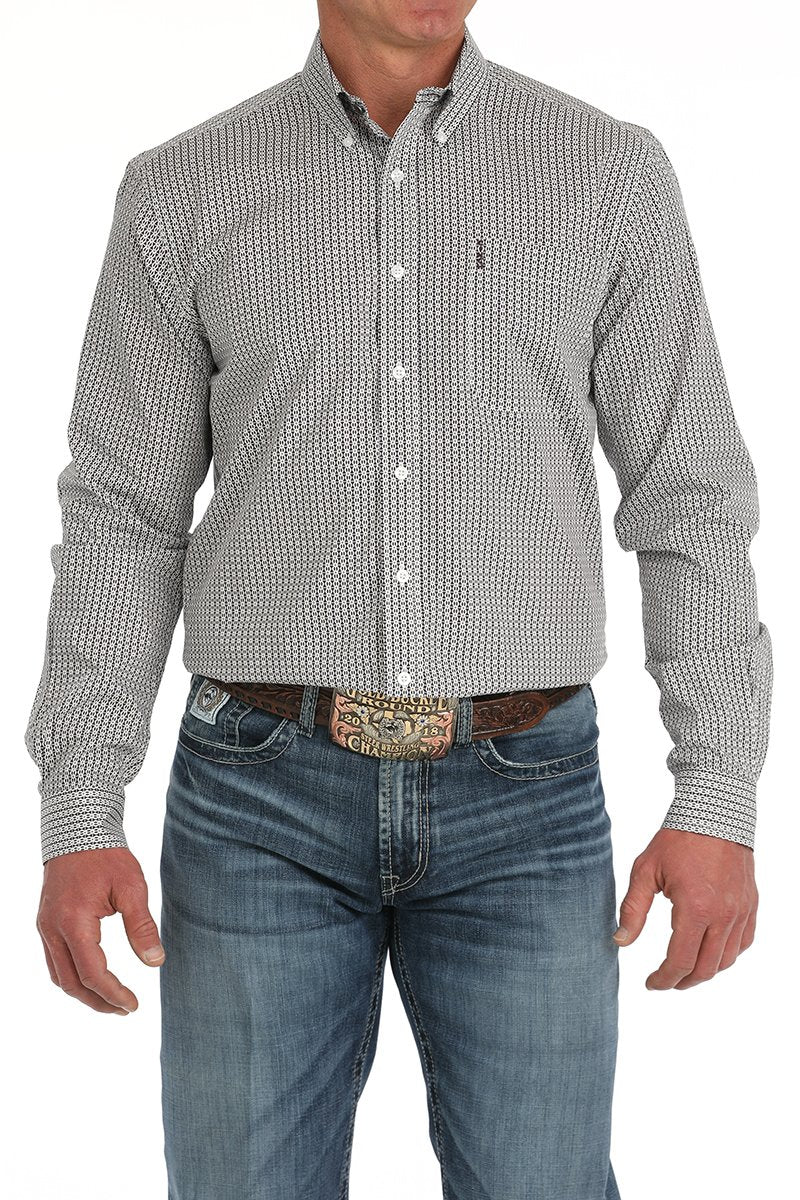 Men's White Modern Fit Geometric Print Button-Down Western Shirt