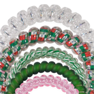 Close-up of Teleties No Peeking Allowed spiral hair ties in clear, red, green and pink
