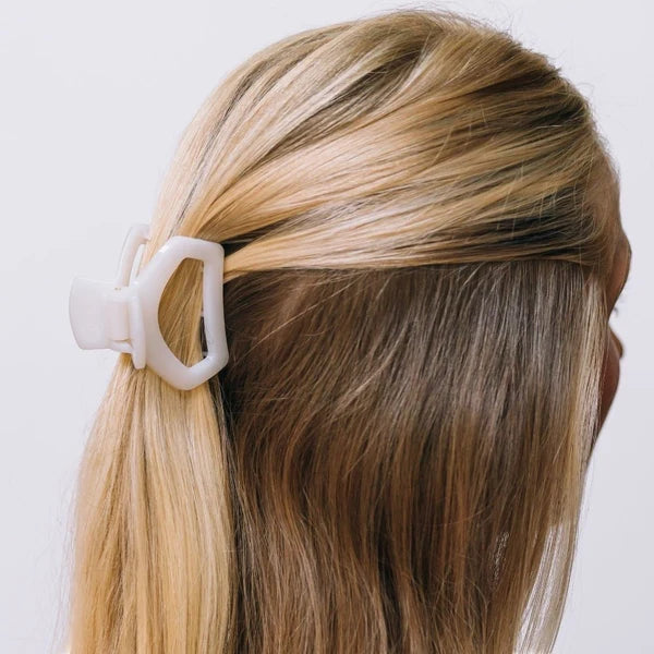 Teleties Open Petite Claw Clip in Coconut White worn in blonde half-up hair