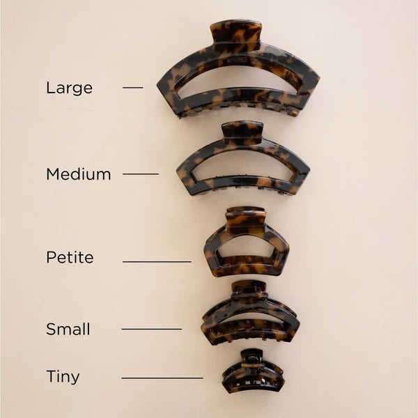 Teleties Open Claw Clip size chart in tortoise, from Tiny to Large, Petite labeled