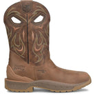 A brown leather western boot with decorative embroidered stitching, a cutout shaft design, and a rugged sole, shown against a plain white background.