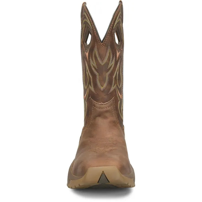 A single brown leather cowboy boot shown from the front on a plain white background, featuring decorative tan and beige stitching on the shaft and a tan outsole.