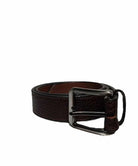 A dark brown textured leather belt with a silver-tone metal buckle, coiled on a plain white background.