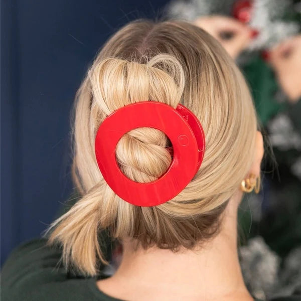 Teleties Large Flat Circle Hair Clip in Red Carpet Ready red holding a blonde bun