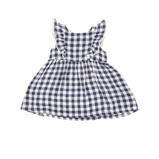 Toddler Girls Gingham Ruffle Dress- Navy