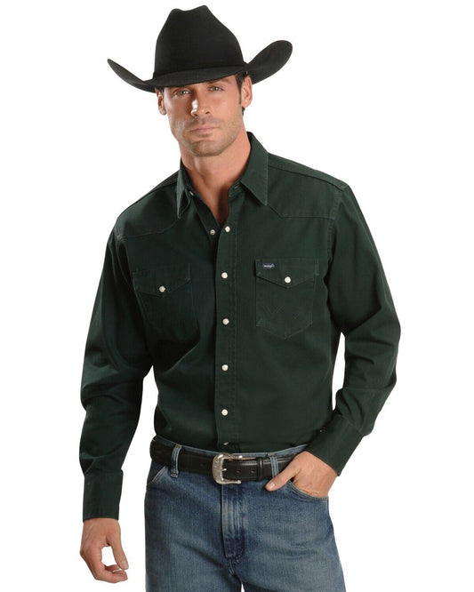 Wrangler Men's Forrest Green Solid Cowboy Cut Firm Finish Work Shirt