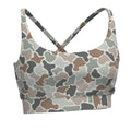 Local Girl sports bra in Bottomland camo print, shown in one of several available colors
