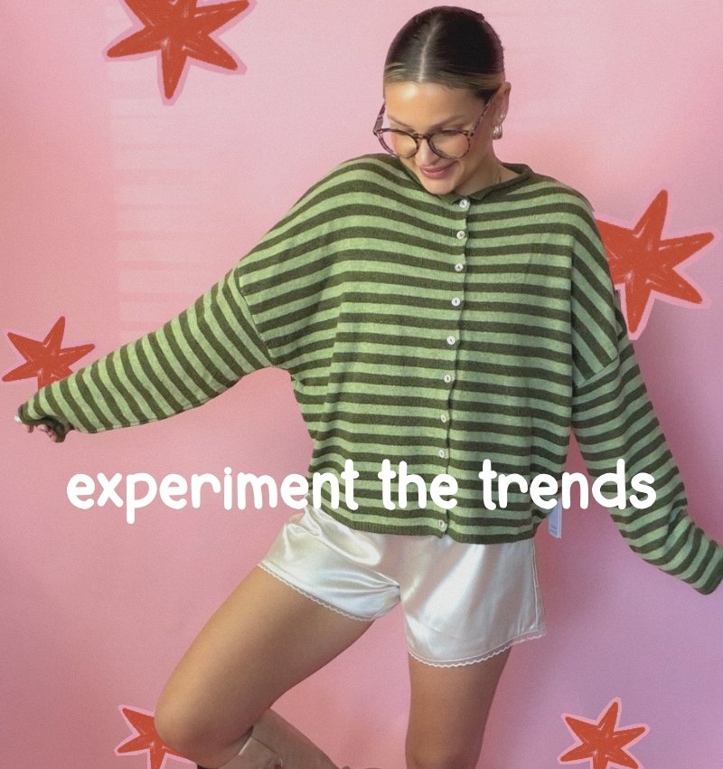 experiment the trends. background image of girl wearing green stripe sweater and white lace shorts