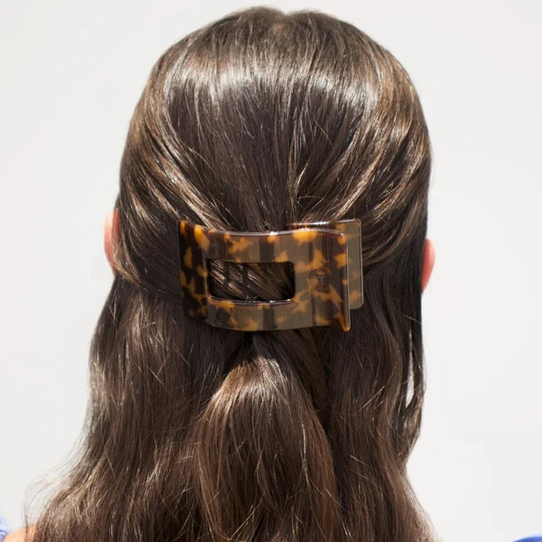 Teleties Small Flat Hair Clip in tortoise worn in a half-up hairstyle