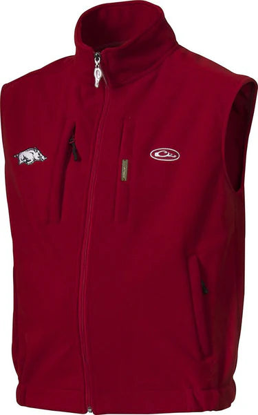 Drake men's Arkansas camp fleece vest, shown in one of two available colors