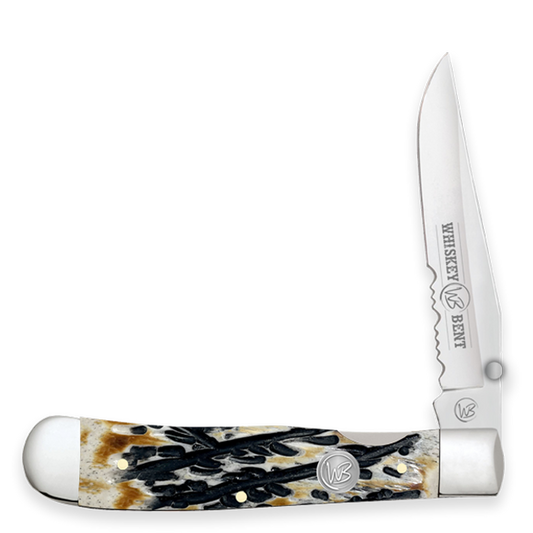 Whiskey Bent Carved Burnt Bone Locking Trapper Knife