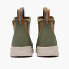 Rear view of olive XTRATUF Kids' Ankle Deck Boot Sport boots showing textured heels, brown trim and pull loops.