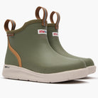 Pair of olive XTRATUF Kids' Ankle Deck Boot Sport boots, angled front view with brown pull loops and light soles.