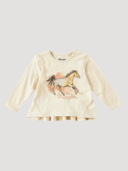Little Girl's Long Sleeve Horse Run T-Shirt in Oatmeal
