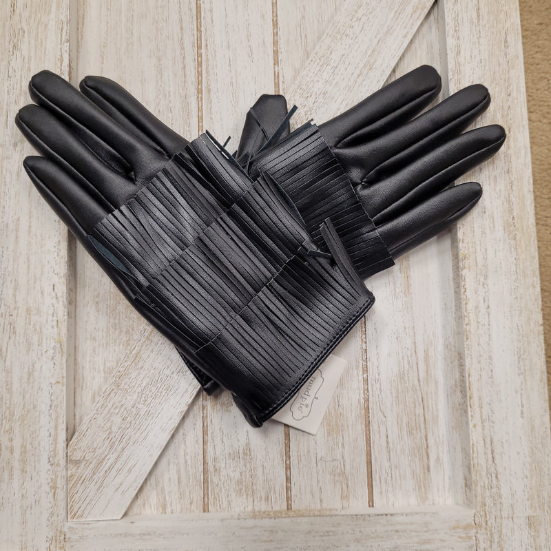 Black Leather Fringe Gloves By Mud Pie