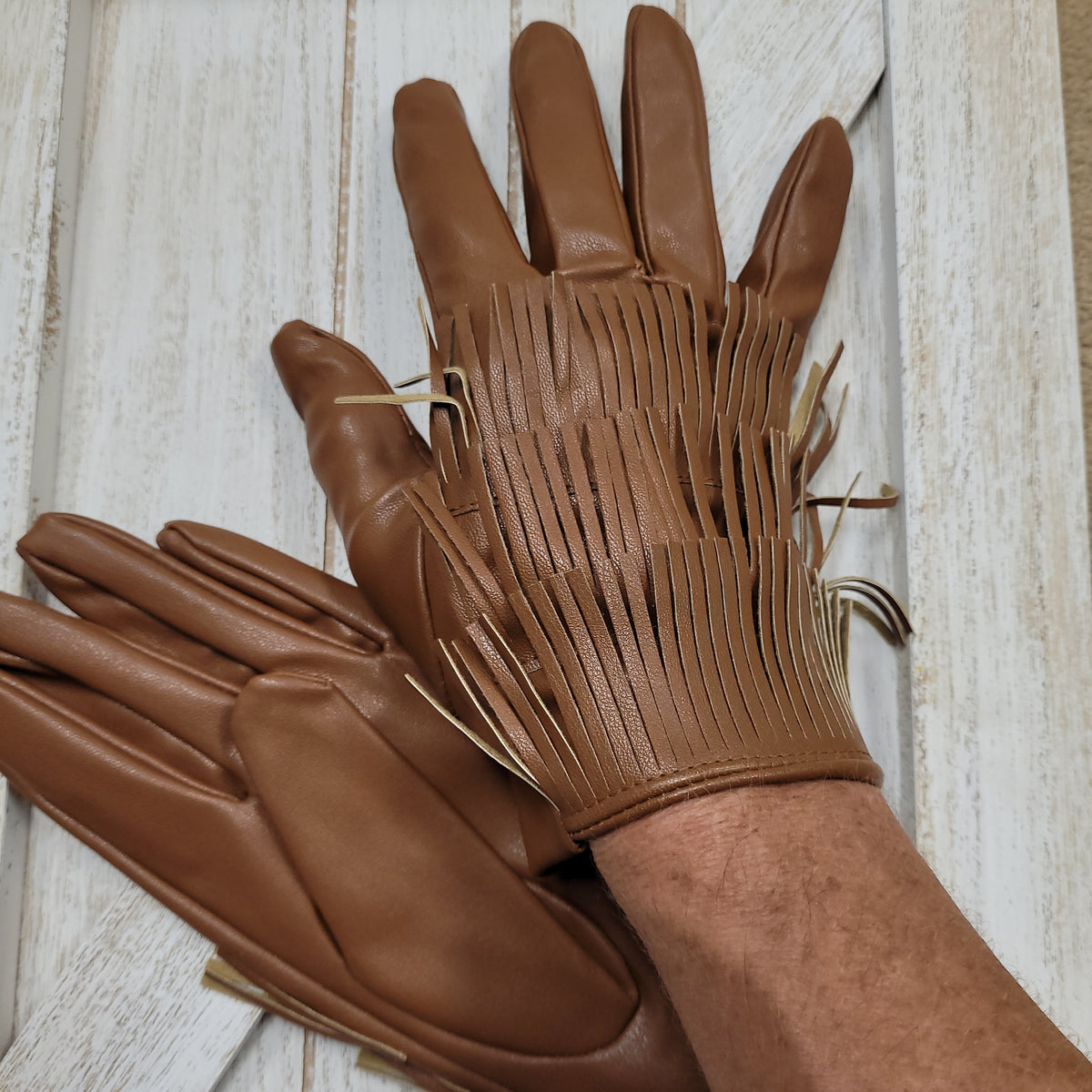 Tan Leather Fringe Gloves By Mud Pie