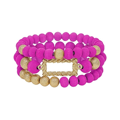 Hot Pink Wood and Textured Gold Beaded Set of 3 Stretch Bracelet