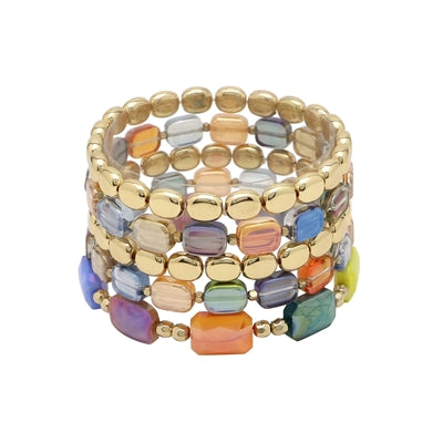 Multi Glass Crystal and Gold Set of 5 Bracelet Stack