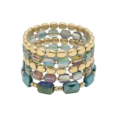 Teal Iridescent Glass Crystal and Gold Set of 5 Bracelet Stack