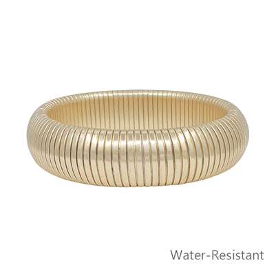 Water-Resistant Matte Gold Ribbed Metal Stretch Bracelet