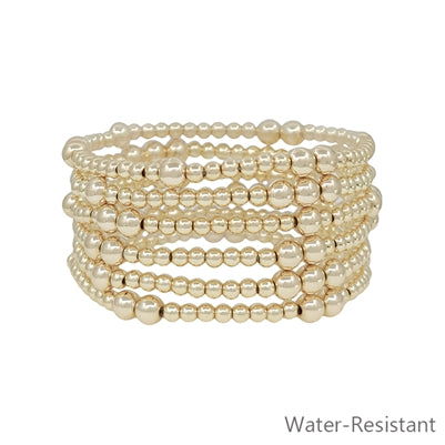 Set of 7 Gold Beaded Water Resistant Stretch Bracelets