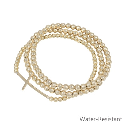 Set of 3 Water Resistant Gold Beaded and Cross Stretch Bracelets