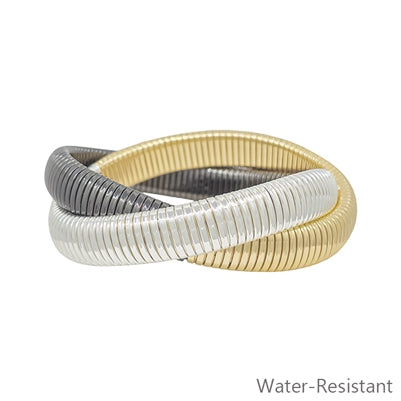 Water Resistant Gold, Silver, and Black 2 Strand Ribbed Twisted Bracelet