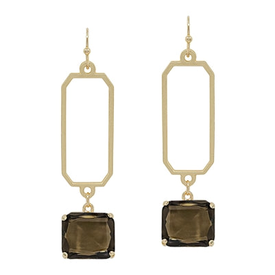 Gold Open Rectangle with Black Diamond Stone Drop 1.5" Earring