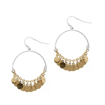 Worn Gold and Silver Hoop with Disc Tassels 1.75" Earring