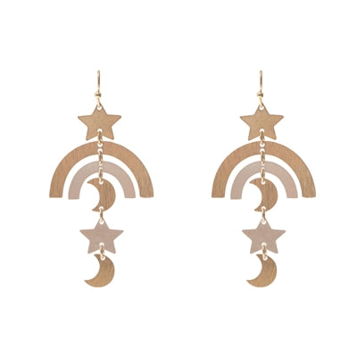 Worn Gold and Silver Moon and Star Drop 2" Earring