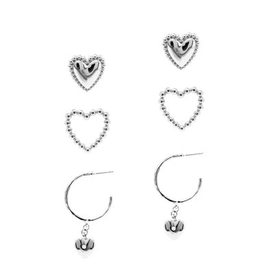 Silver Set of 3 Heart Stud and Hoop Earrings