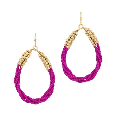 Hot Pink Seed Bead and Gold Wrapped Teardrop 1.5" Earring