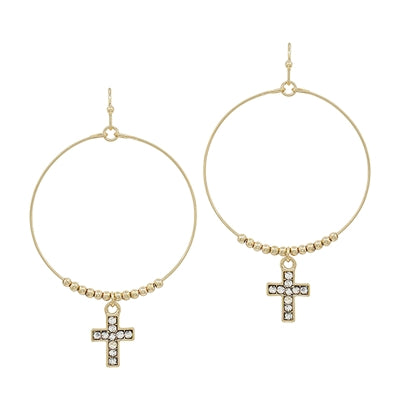 Gold Beaded Hoop with Crystal Cross" Earring