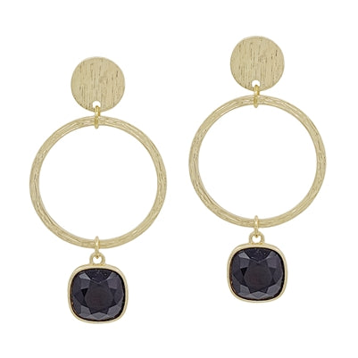 Worn Gold Open Circle with Black Stone Accent 2" Earring