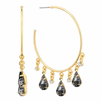 Gold and Black Diamond Crystal Charm 1.5" Hoop Earring