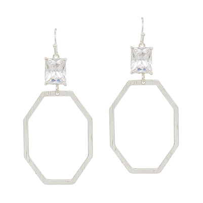 Silver Open Octagon with Crystal 2" Earring