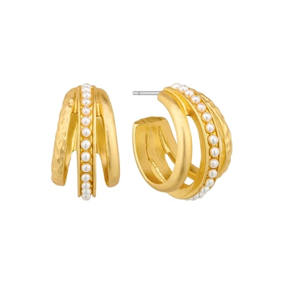 Gold with Pearl Three Layered Huggie Hoop .75" Earring