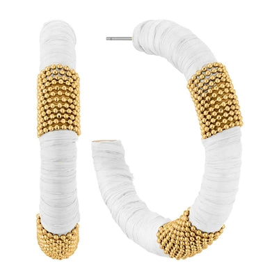 White Raffia and Gold Beaded Accent 1.75" Hoop Earring