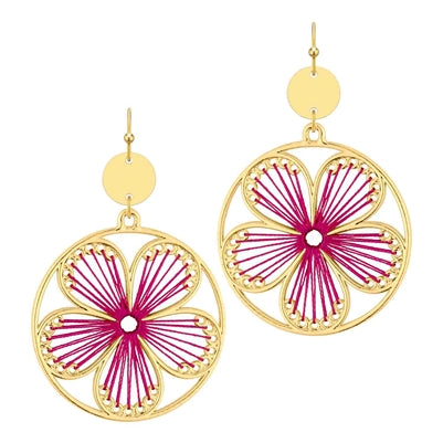 Gold Open Circle with Hot Pink Threaded Flower 1.5" Earring