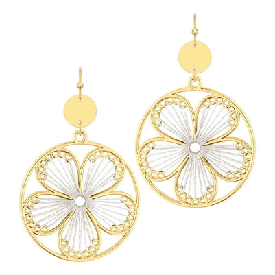 Gold Open Circle with White Threaded Flower 1.5" Earring