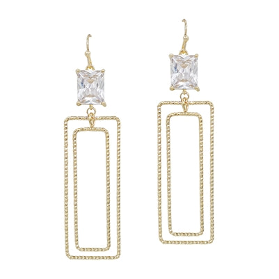 Clear Crystal with Open Gold Rectangle 2" Earring