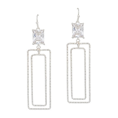 Clear Crystal with Open Silver Rectangle 2" Earring