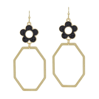 Black Enamel Flower with Open Octagon 2" Earring