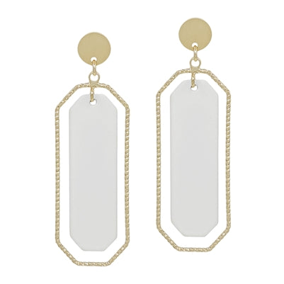 White Color Coated with Gold Outline Rectangle 2" Earring