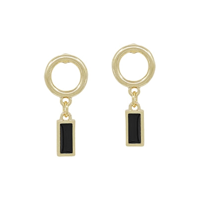 Gold Open Small Circle Stud with Black Crystal Charm .5" Earring