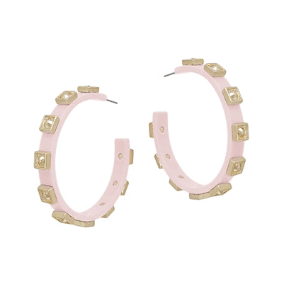 Pink Acrylic Hoop with Textured Gold Squares 2" Hoop Earring