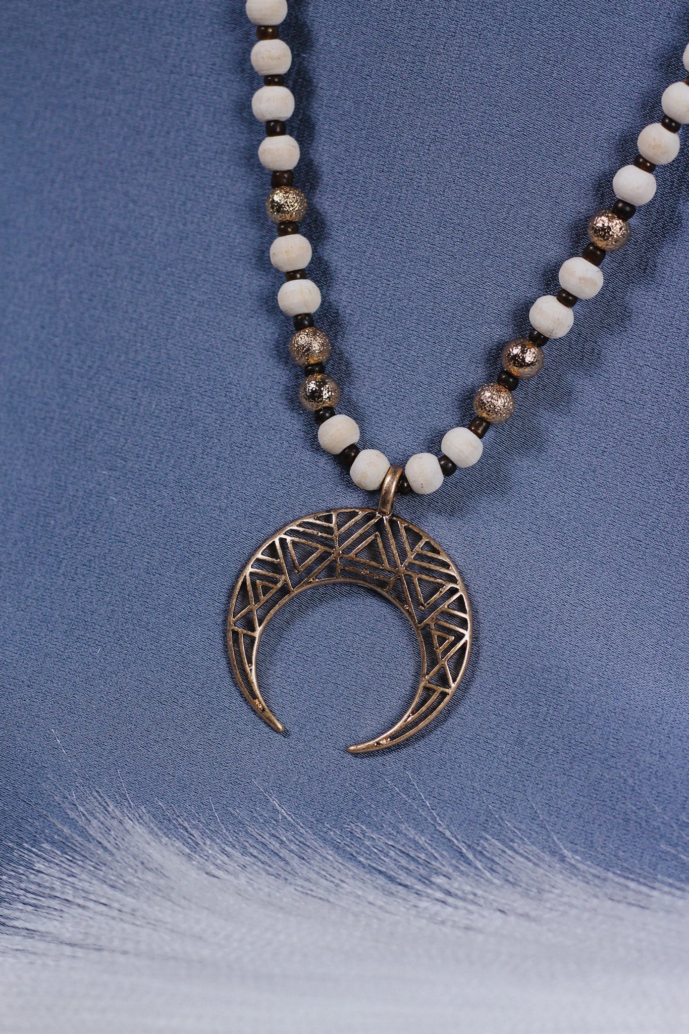 Natural Wood with Gold Open Crescent 16"-18" Necklace