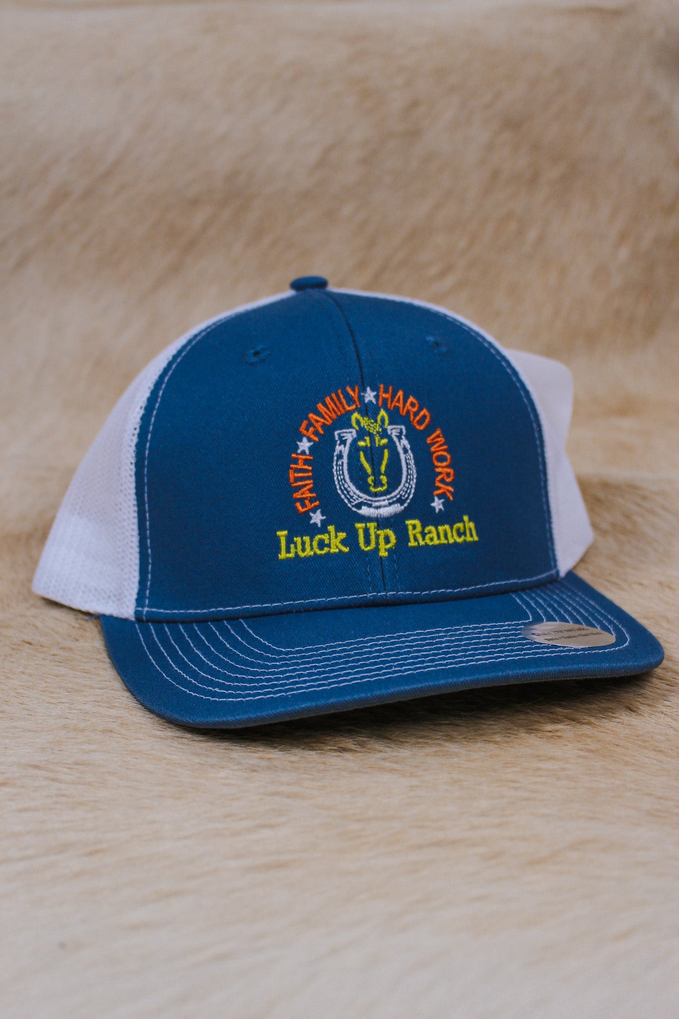 White Blue Luck Up Ranch Mens Hat