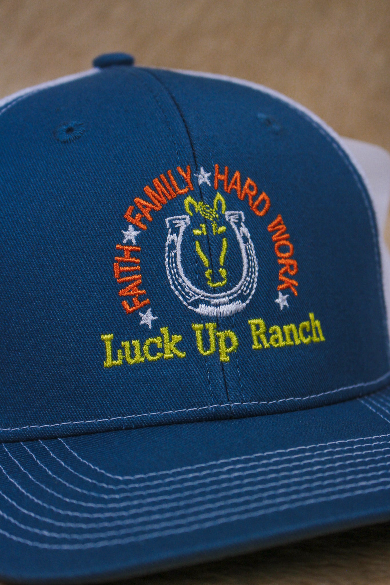 White Blue Luck Up Ranch Mens Hat